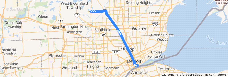 Mapa del recorrido 445 SB: Telegraph => Jefferson de la línea  en ミシガン州.