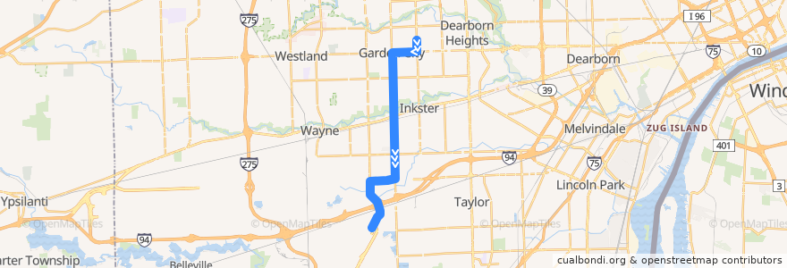 Mapa del recorrido 280 SB: Garden City => North Terminal de la línea  en Wayne County.