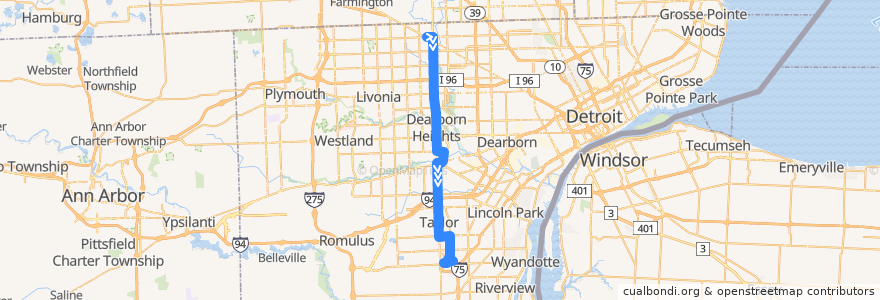 Mapa del recorrido 275 SB: 7 Mile => Taylor via Southland de la línea  en Wayne County.