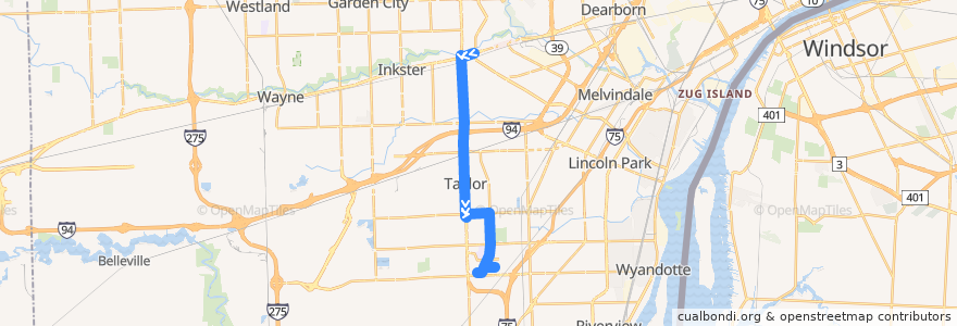 Mapa del recorrido 275 SB: Michigan => Taylor via Southland de la línea  en Wayne County.