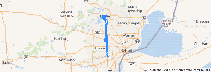 Mapa del recorrido 275 NB: Michigan => Pontiac de la línea  en ミシガン州.
