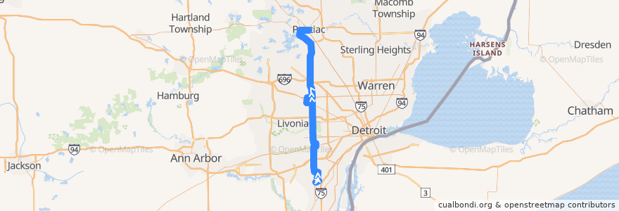 Mapa del recorrido 275 NB: Taylor => Pontiac via Southland de la línea  en ミシガン州.