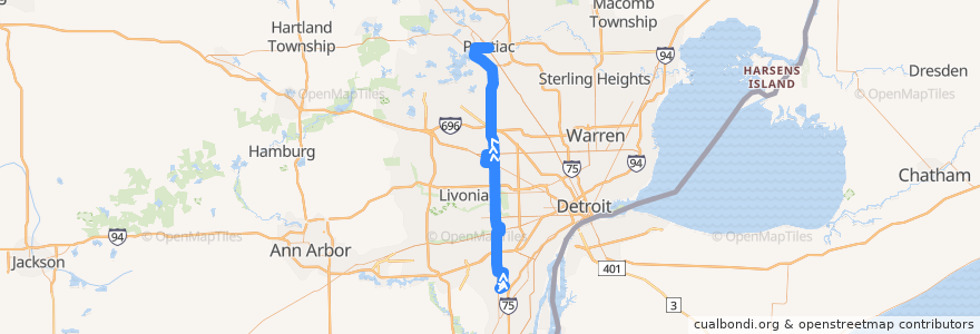 Mapa del recorrido 275 NB: Taylor => Pontiac via Southland de la línea  en Мичиган.