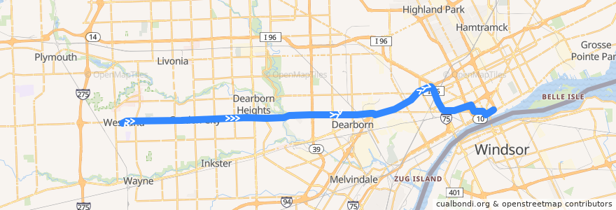 Mapa del recorrido 255 EB: Westland => Downtown de la línea  en مقاطعة وين.