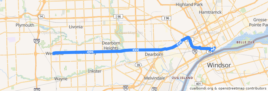 Mapa del recorrido 255 WB: Downtown => Westland de la línea  en مقاطعة وين.