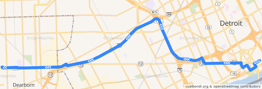 Mapa del recorrido 255 WB: Downtown => Dearborn de la línea  en Detroit.