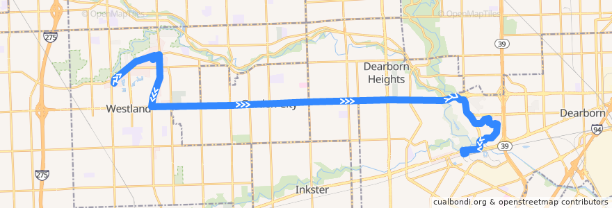 Mapa del recorrido 250 EB: Westland => Dearborn de la línea  en Wayne County.