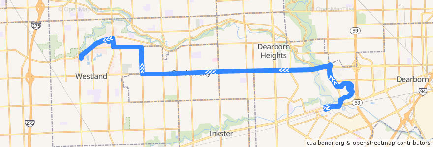 Mapa del recorrido 250 WB: Dearborn => Westland de la línea  en مقاطعة وين.