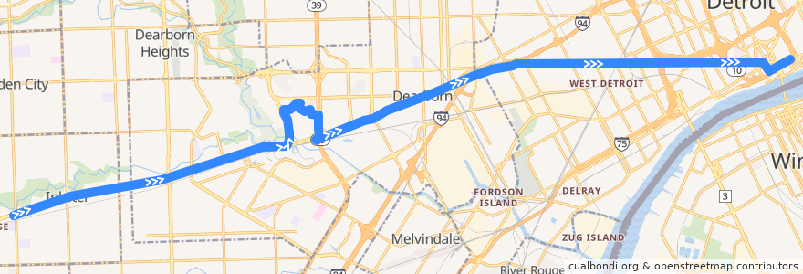 Mapa del recorrido 200 EB: Middlebelt => Downtown de la línea  en مقاطعة وين.