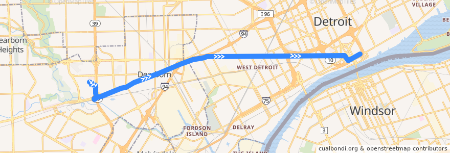 Mapa del recorrido 200 EB: Fairlane => Downtown (non-stop) de la línea  en مقاطعة وين.