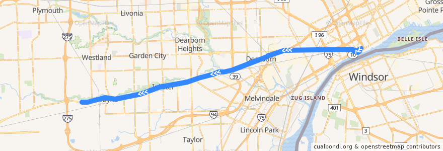 Mapa del recorrido 200 WB: Downtown => John Hix (non-stop) de la línea  en مقاطعة وين.