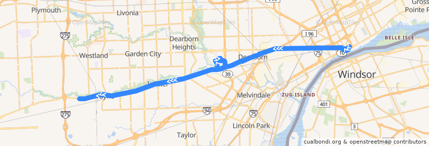 Mapa del recorrido 200 WB: Downtown => John Hix via Fairlane de la línea  en مقاطعة وين.