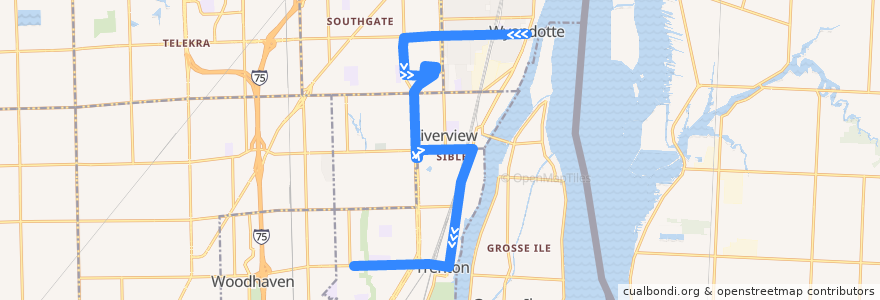 Mapa del recorrido 160 SB: Wyandotte => Trenton de la línea  en مقاطعة وين.