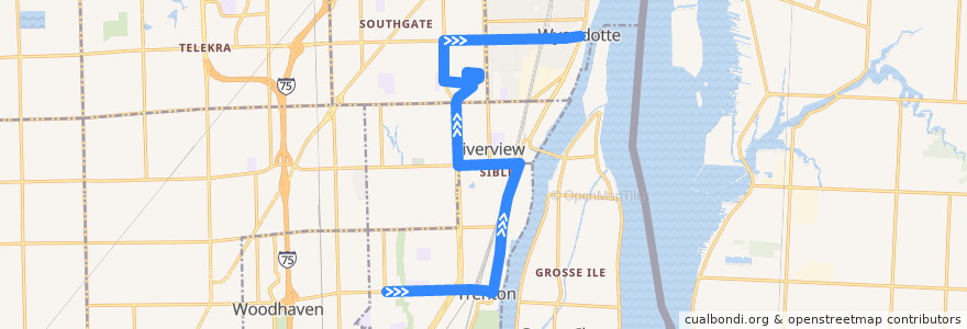 Mapa del recorrido 160 NB: Trenton => Wyandotte de la línea  en Wayne County.