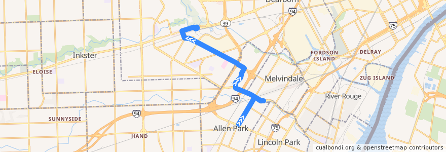 Mapa del recorrido 140 NB: Allen => Dearborn TC de la línea  en Wayne County.