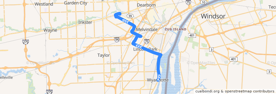 Mapa del recorrido 140 NB: Wyandotte => Dearborn TC de la línea  en Wayne County.
