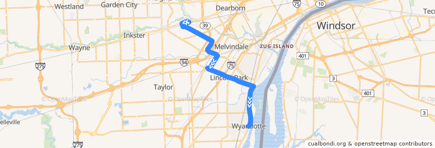 Mapa del recorrido 140 SB: Dearborn TC => Wyandotte de la línea  en Wayne County.