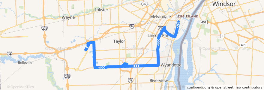 Mapa del recorrido 125 SB: River Rouge => North Terminal de la línea  en مقاطعة وين.