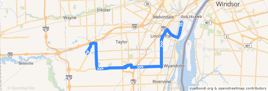 Mapa del recorrido 125 NB: North Terminal => River Rouge de la línea  en Wayne County.