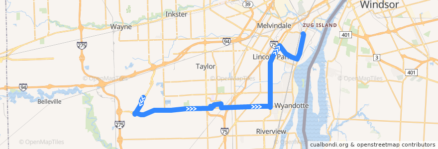 Mapa del recorrido 125 NB: McNamara Terminal => River Rouge de la línea  en Wayne County.