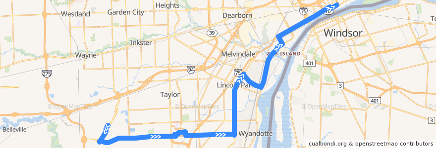 Mapa del recorrido 125 NB: McNamara Terminal => Downtown de la línea  en Wayne County.