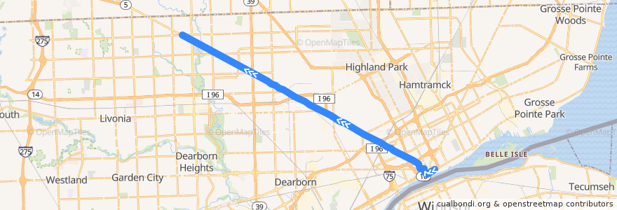Mapa del recorrido 03 WB: Downtown => Seven Mile de la línea  en ديترويت.