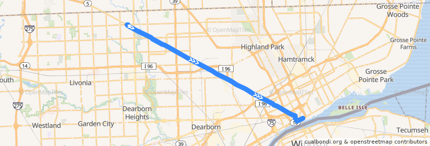 Mapa del recorrido 03 EB: Seven Mile => Downtown de la línea  en ديترويت.