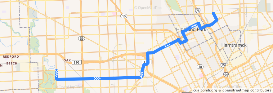 Mapa del recorrido 15 EB: Burt => McNichols de la línea  en Detroit.