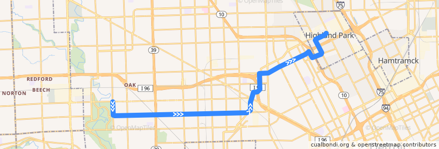 Mapa del recorrido 15 EB: Burt => Woodward de la línea  en Detroit.