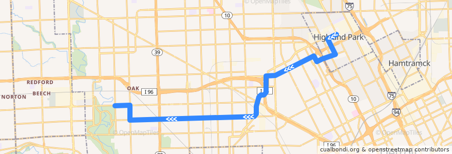 Mapa del recorrido 15 WB: Woodward => Burt de la línea  en Detroit.