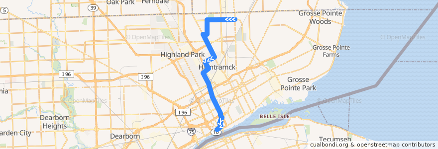 Mapa del recorrido 95 SB: Van Dyke => Downtown de la línea  en Detroit.