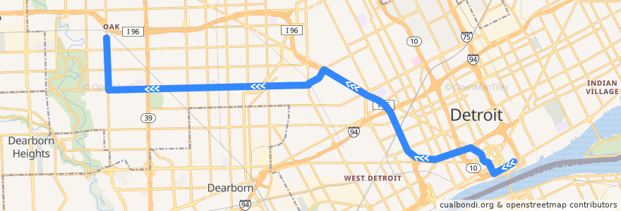 Mapa del recorrido 96 WB: Downtown => Evergreen de la línea  en Detroit.
