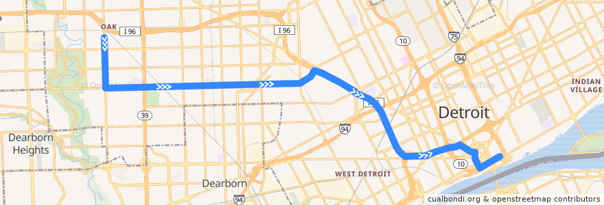 Mapa del recorrido 96 EB: Evergreen => Downtown de la línea  en ديترويت.