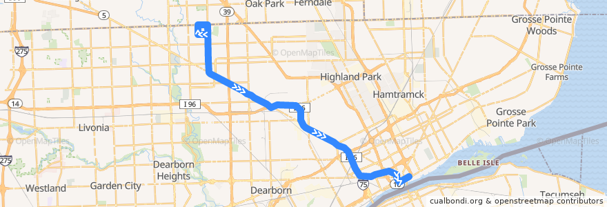 Mapa del recorrido 92 EB: Rosedale => Downtown de la línea  en Detroit.