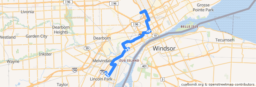 Mapa del recorrido 89 NB: Outer Dr => Grand Blvd de la línea  en Detroit.
