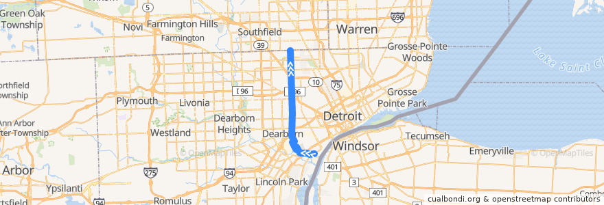 Mapa del recorrido 54 NB: Jefferson => Eight Mile de la línea  en Wayne County.
