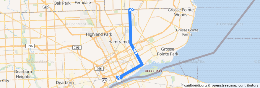 Mapa del recorrido 05 SB: Bel-Air => Rosa Parks de la línea  en Detroit.