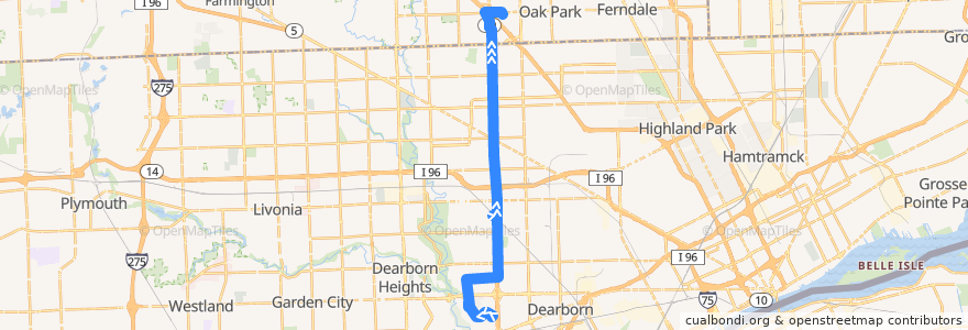 Mapa del recorrido 46 NB: Fairlane => Nine Mile de la línea  en Wayne County.