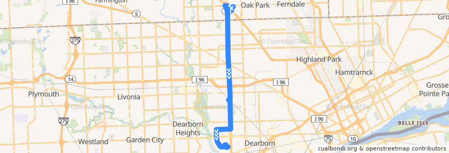 Mapa del recorrido 46 SB: Nine Mile => Fairlane de la línea  en Wayne County.