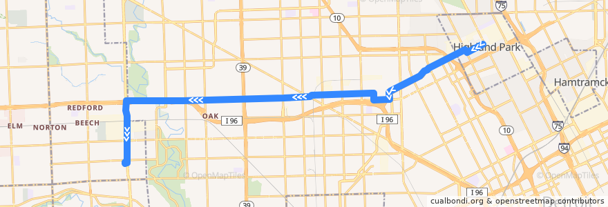 Mapa del recorrido 43 WB: Woodward => Redford Plaza de la línea  en Detroit.