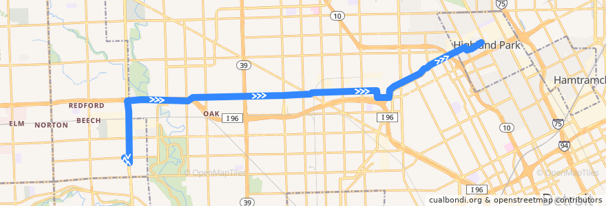 Mapa del recorrido 43 EB: Redford Plaza => Woodward de la línea  en Detroit.