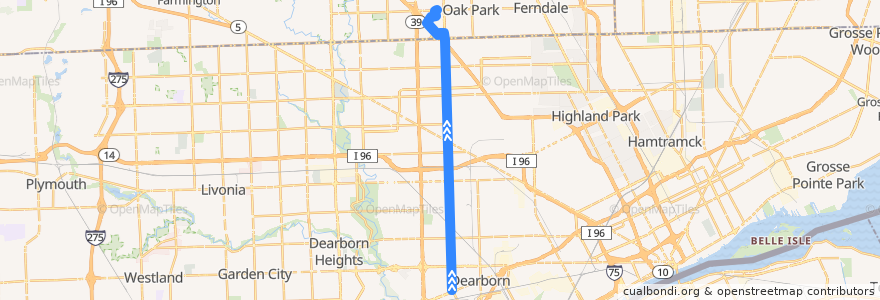 Mapa del recorrido 10 NB: Michigan => 9 Mile de la línea  en مقاطعة وين.
