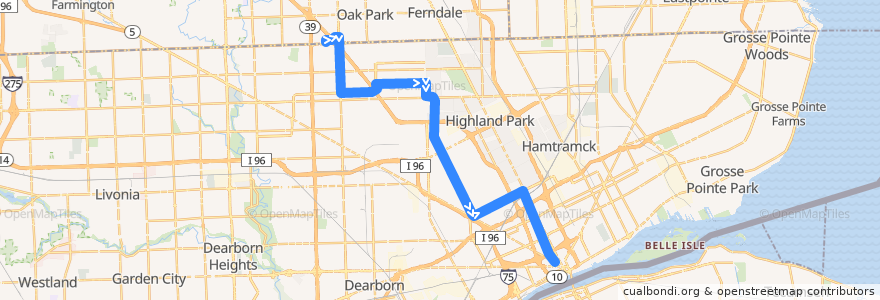 Mapa del recorrido 16 SB: Northland => Rosa Parks de la línea  en ديترويت.