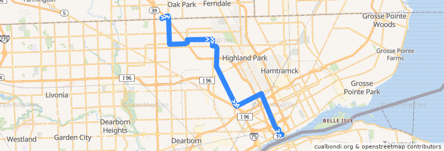 Mapa del recorrido 16 SB: Northland => Jefferson de la línea  en ديترويت.