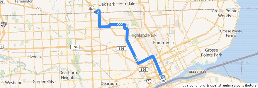 Mapa del recorrido 16 NB: Rosa Parks => Northland de la línea  en Detroit.
