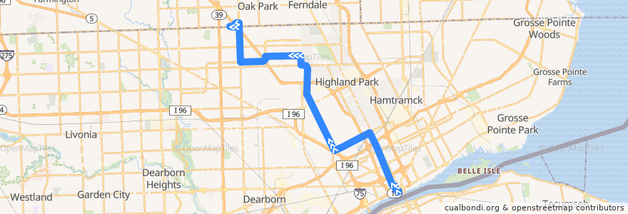 Mapa del recorrido 16 NB: Jefferson => Northland de la línea  en Detroit.