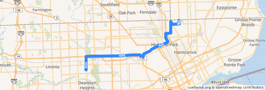 Mapa del recorrido 43 WB: Eight Mile => Redford Plaza de la línea  en Detroit.