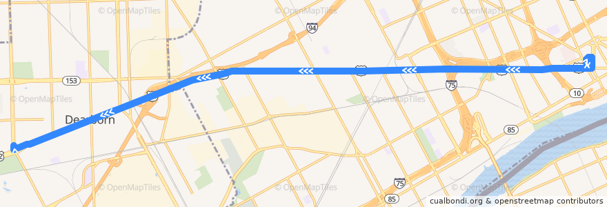 Mapa del recorrido 02 WB: Downtown => Greenfield de la línea  en مقاطعة وين.