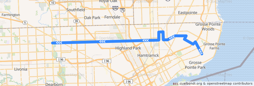 Mapa del recorrido 32 WB: Cadieux => Telegraph de la línea  en Detroit.