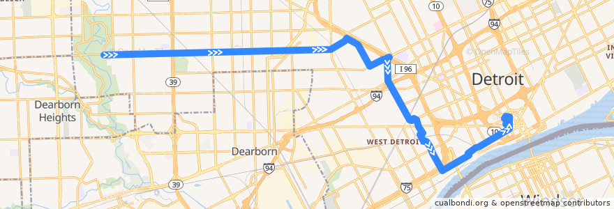 Mapa del recorrido 27 EB: Spinoza => Downtown de la línea  en ديترويت.